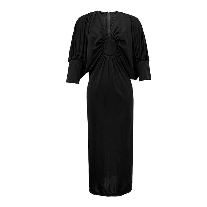 Long Sleeve Pleated Waist Wrapped Slim Dress