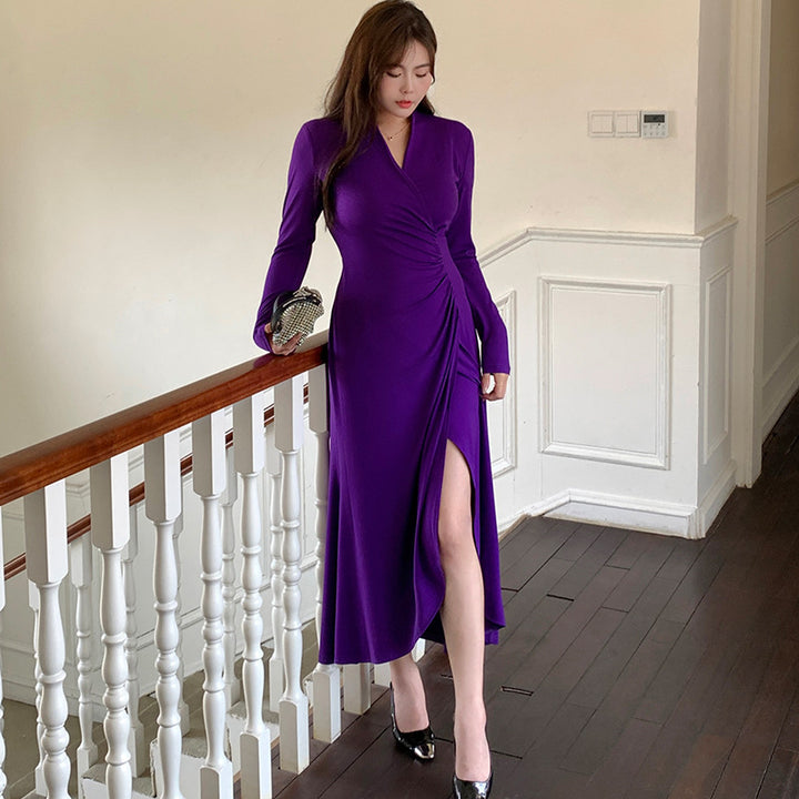 New European And American V-neck Tea Break Dress Skirt Senior Sense Slimming Dress