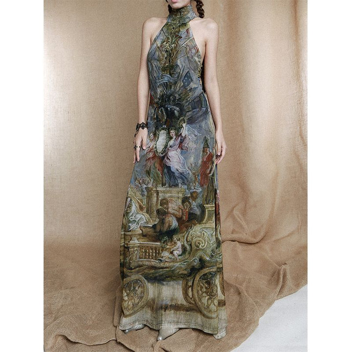 Homemade Retro European Oil Painting Style Cross Wooden Ring Backless High Collar Slimming Dress