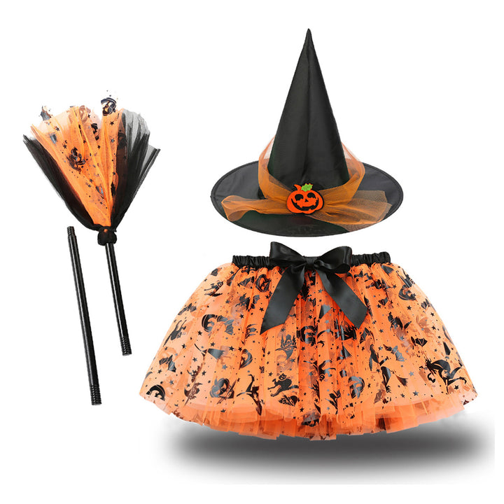 Halloween Printed Mesh Pumpkin Skirt For Girls