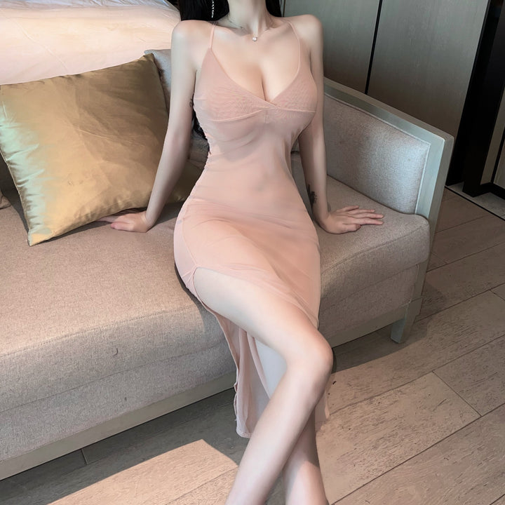 See-Through Mesh High Slit Slim Ladies Dress