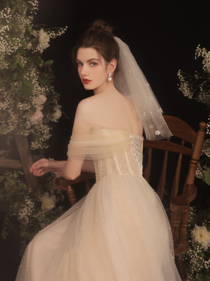 Wedding Dress Women's Off-shoulder Pearl Long Gauzy Skirt