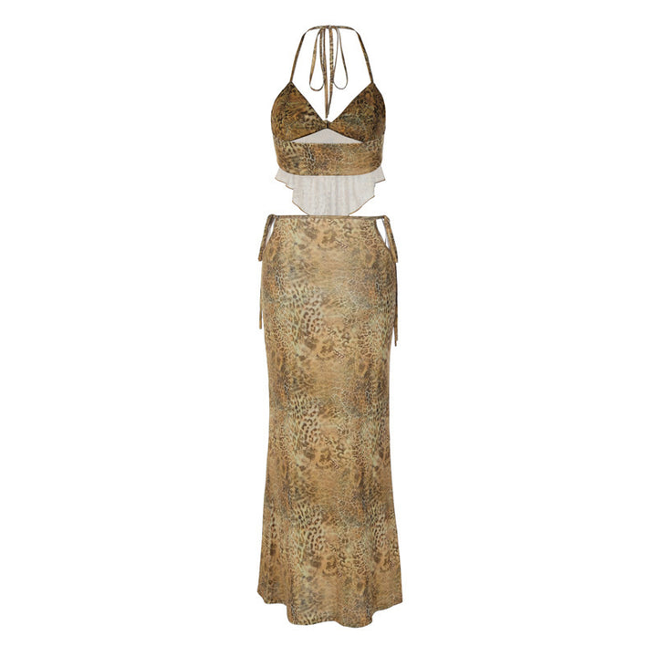 Fashion Printed Tube Top Slim Fit Tied Skirt Suit