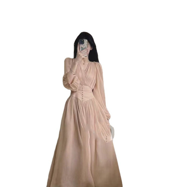 Feminine V-neck Long Sleeve Waist Dress