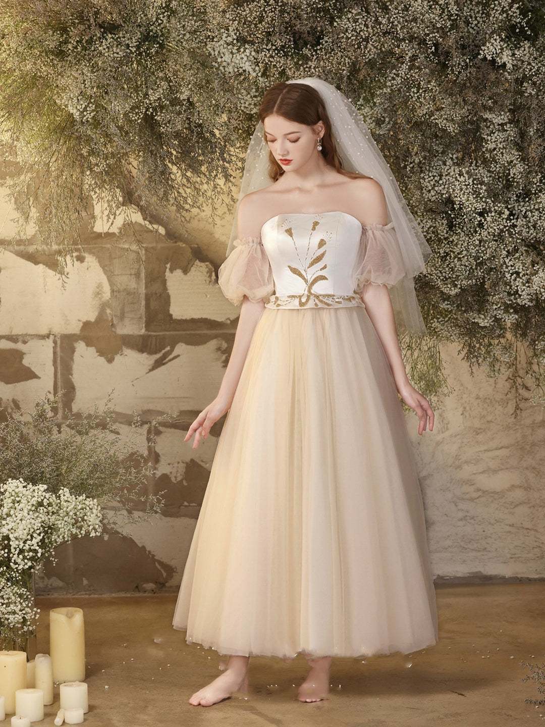Bridal Wedding Dress White Bra Beaded Midi Gauze Dress