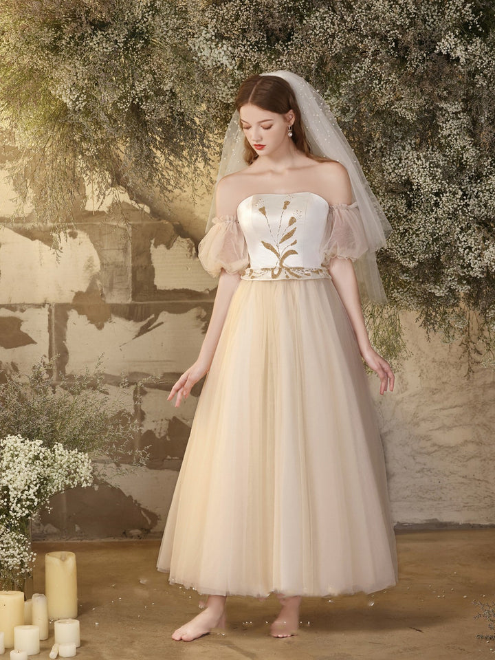 Bridal Wedding Dress White Bra Beaded Midi Gauze Dress