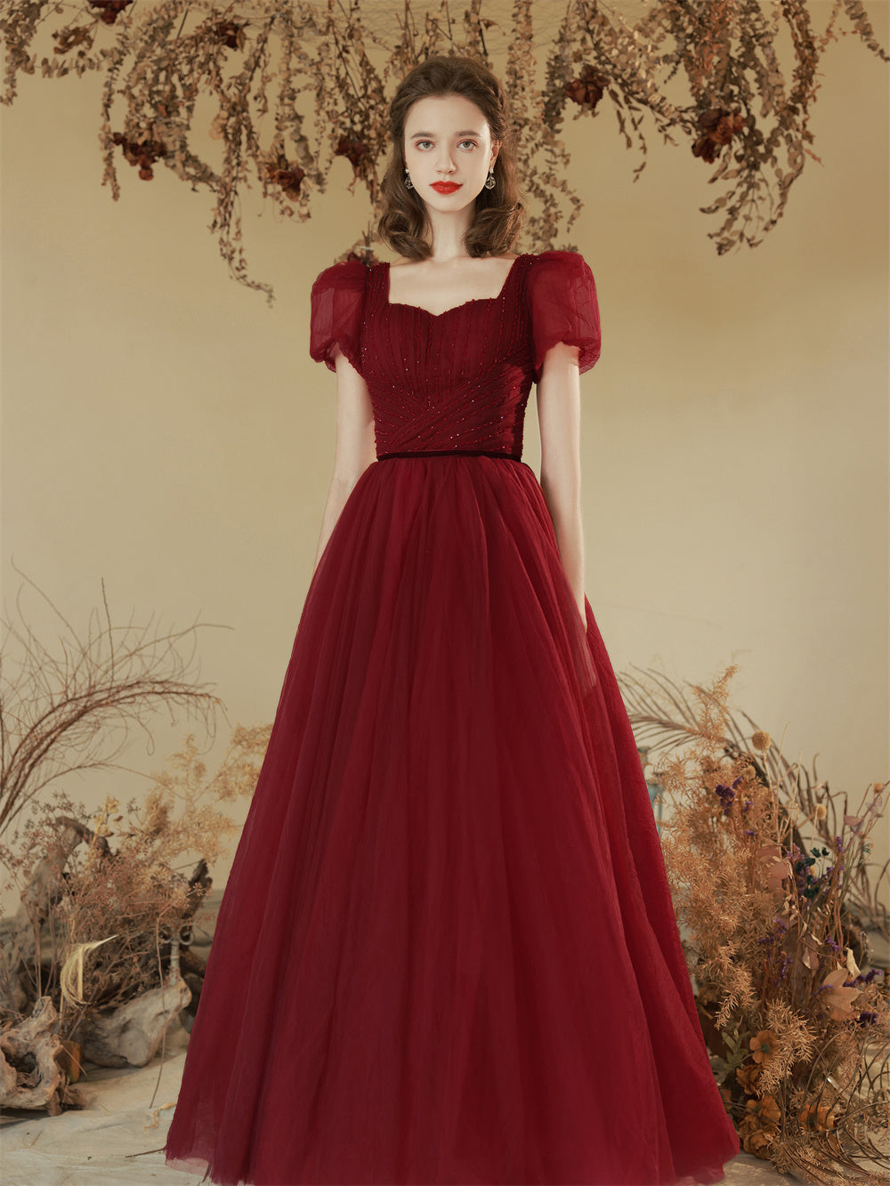 Solid Color Toast Clothing Wine Red Puff Sleeves - JOcaste