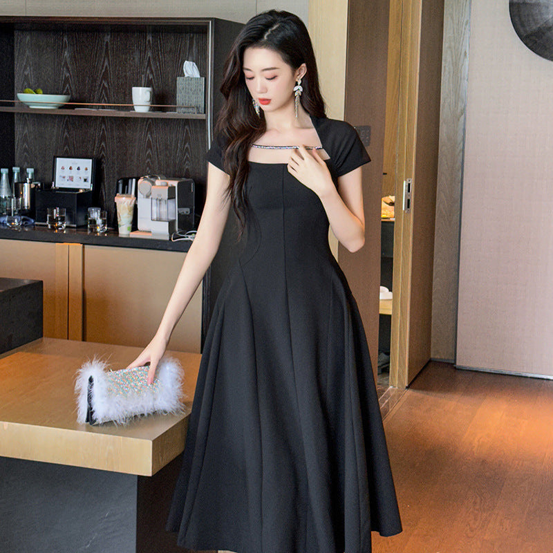 Square Collar Dress Women's Waist-controlled Large Hem