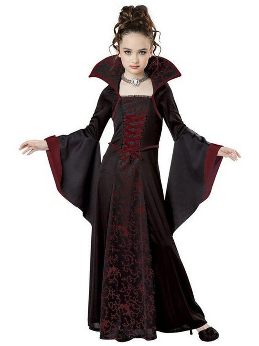 Children's Halloween Costume Witch Retro Lace Up Stand-up Collar Flared Sleeves Printed Maxi Dress - JOcaste