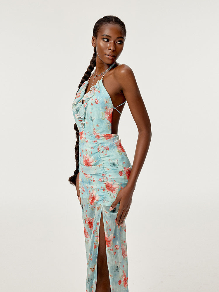High Slit Waist-tight Floral Dress