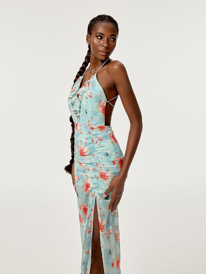 High Slit Waist-tight Floral Dress