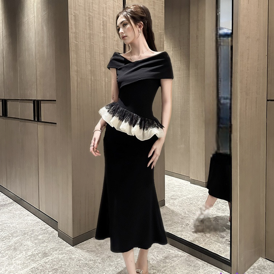 Off-Shoulder Ruffled Slimming Sheath Dress – Black Elegance-SH-DR-0114