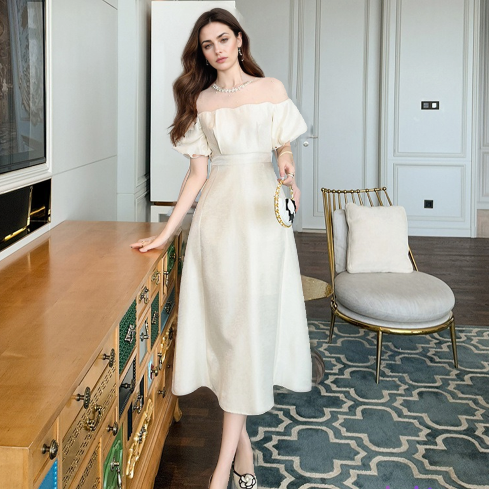 White Puff Sleeve High Waist Nipped Waist Dress – Viscose-SH-DR-0104