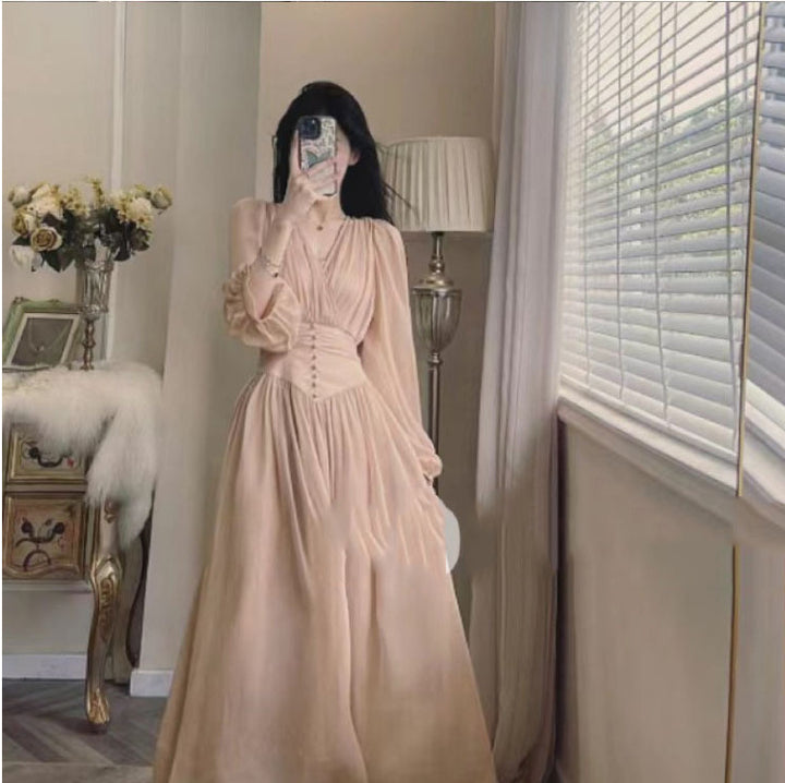 Feminine V-neck Long Sleeve Waist Dress