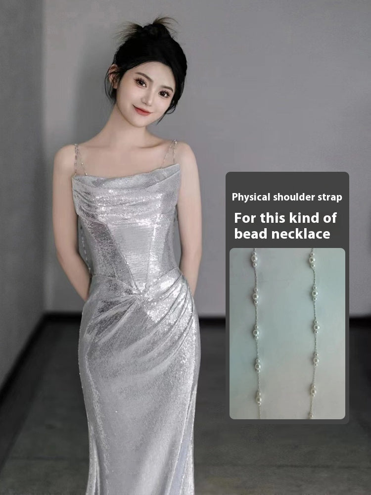 Bridal Sequined Silver Evening Dress With Sling For Host Banquet