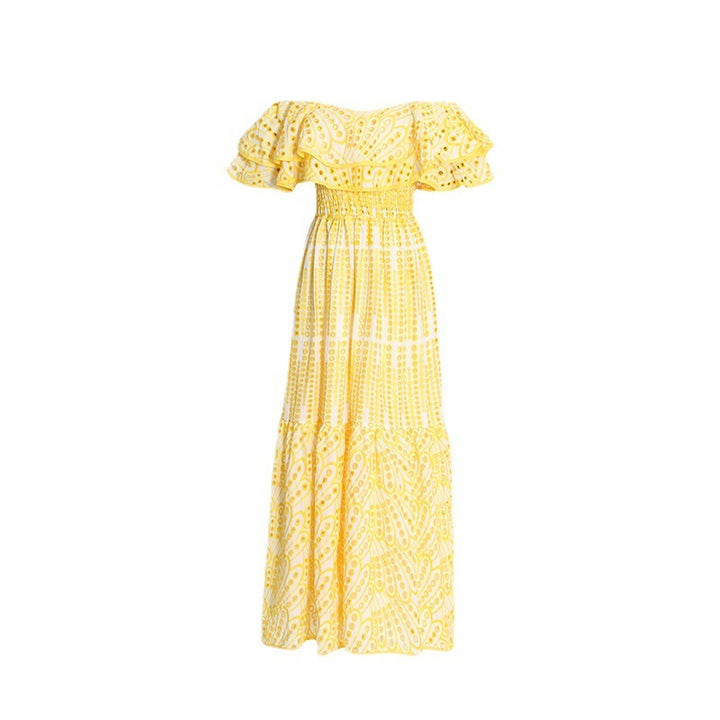 Double Layer Lotus Leaf Off Neck Embroidered Dress