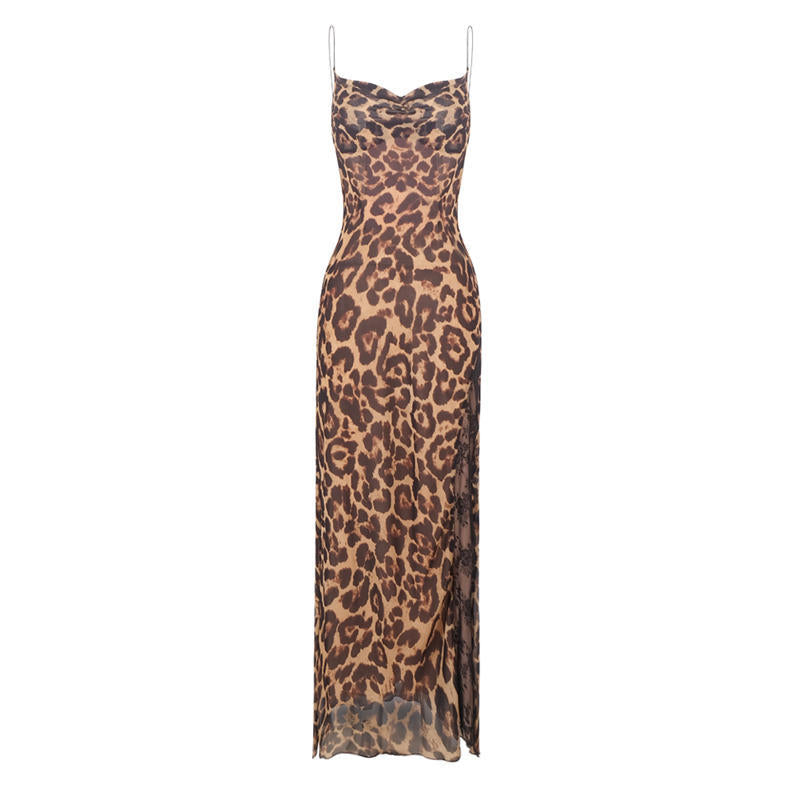 Vintage Leopard Print Swing Collar Sling Dress