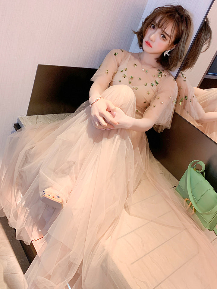Mesh Flare Sleeve Umbrella Swing Dress - JOcaste