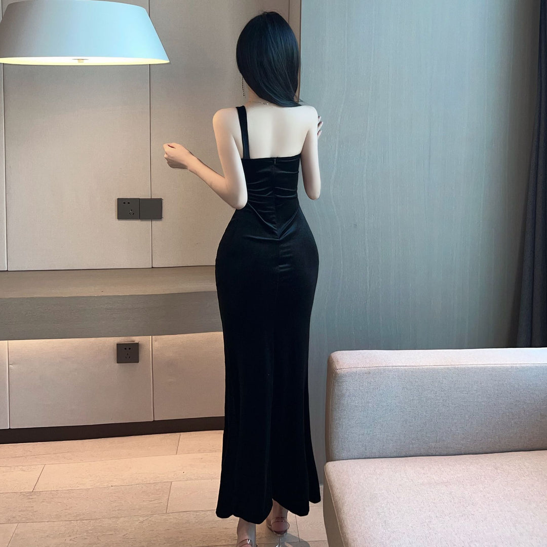 Golden Velvet High-split Suspender Tight-fitting Dress