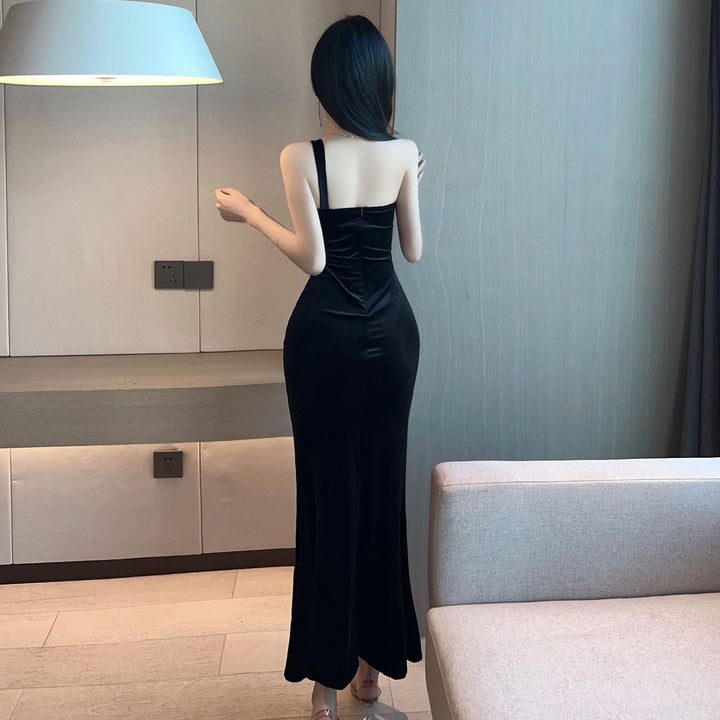 Golden Velvet High-split Suspender Tight-fitting Dress