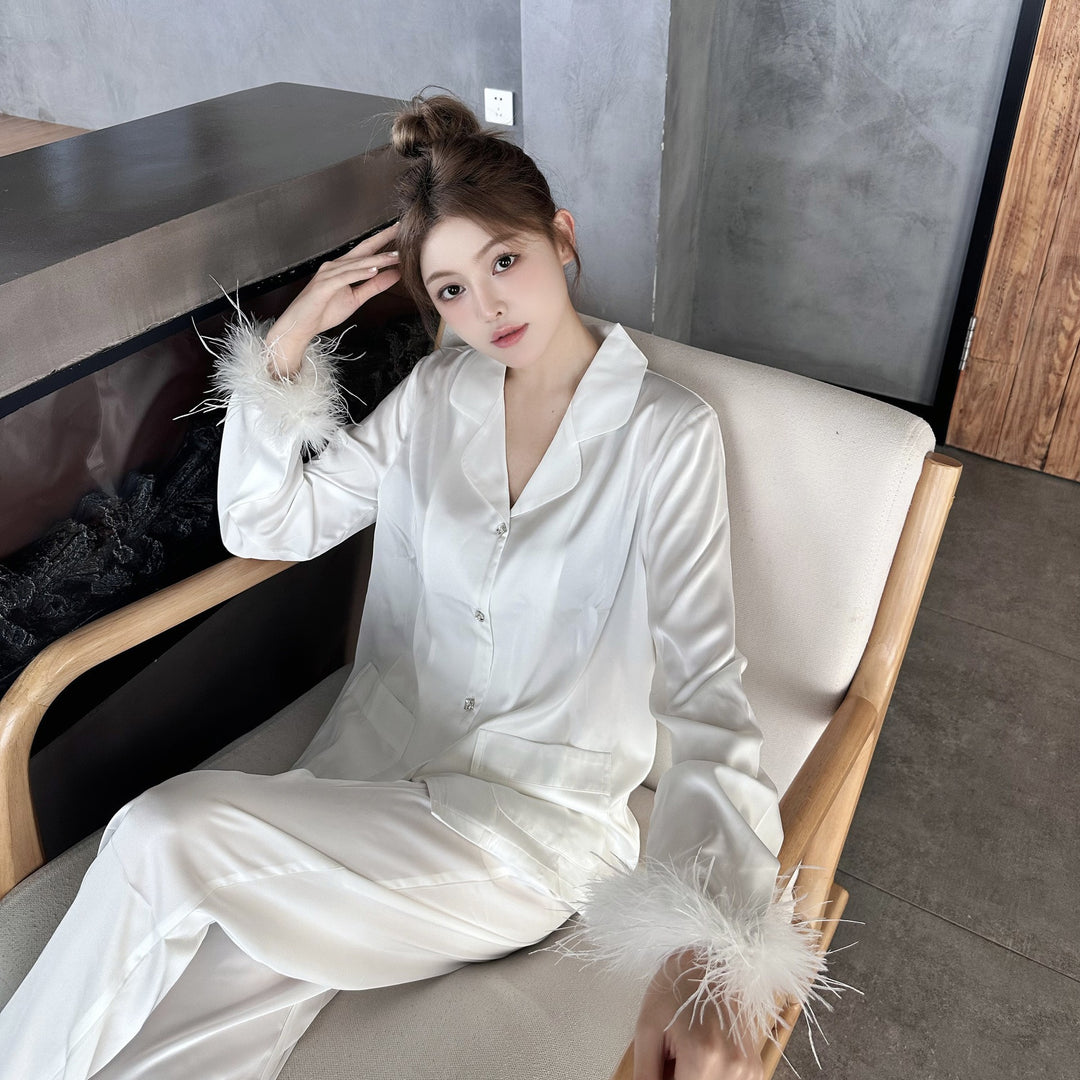 Ice Silk Satin Pajamas Feather Sleeve Homewear