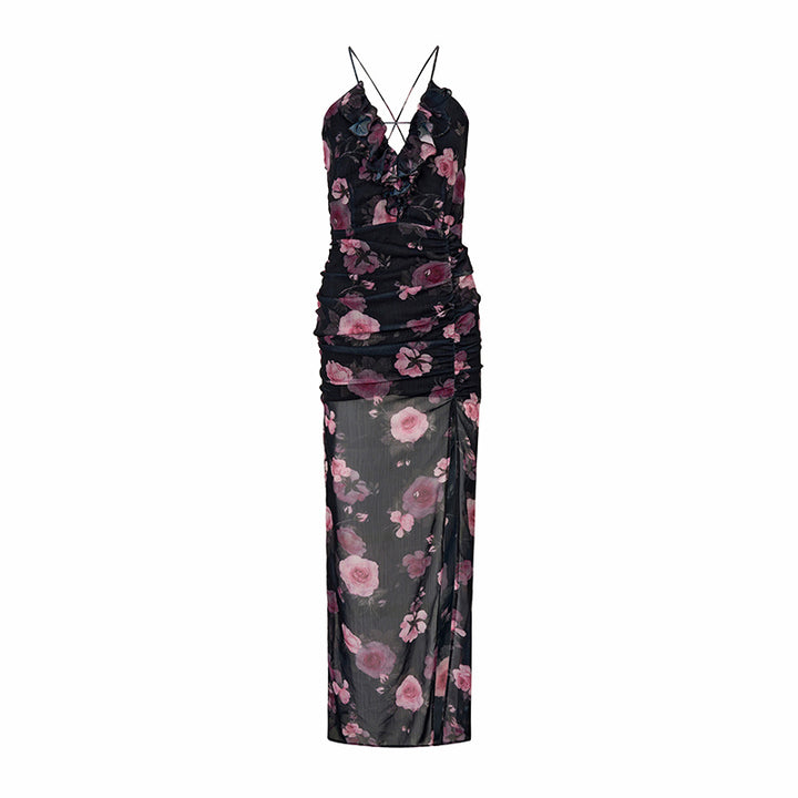 High Slit Waist-tight Floral Dress