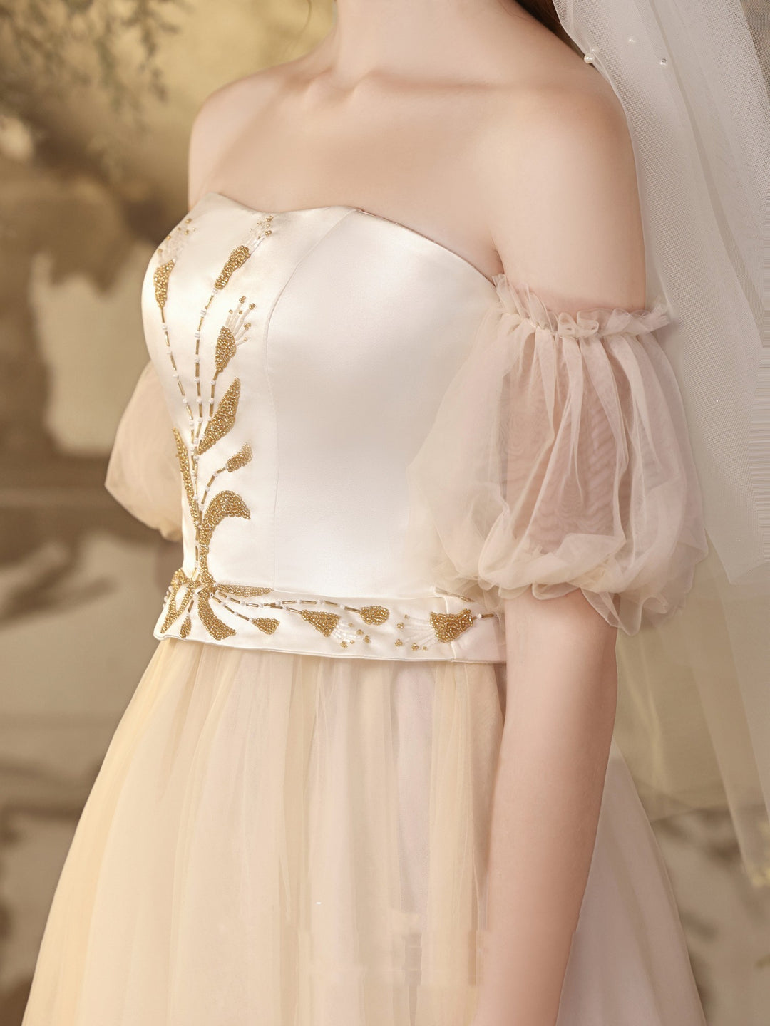 Bridal Wedding Dress White Bra Beaded Midi Gauze Dress