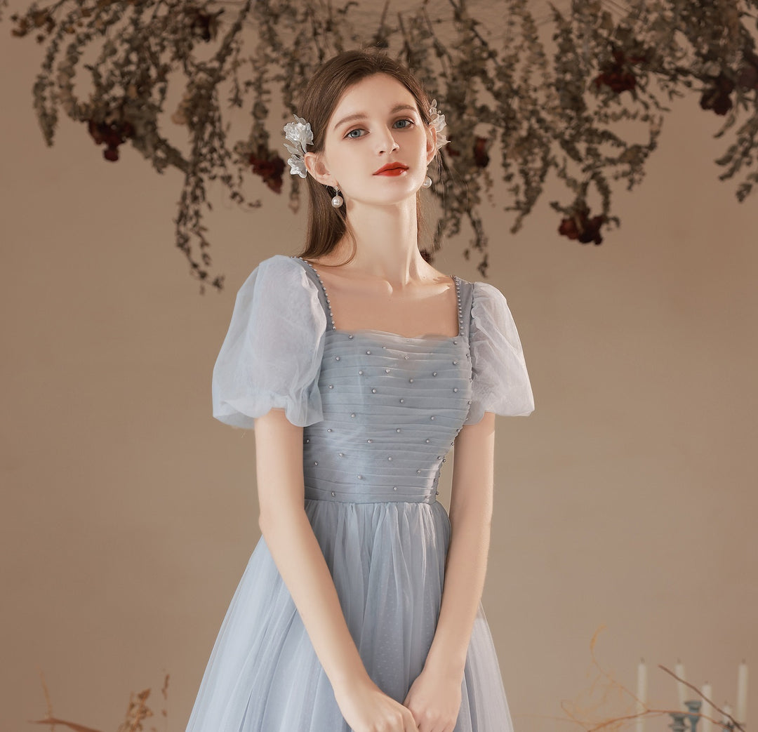 Women's Mid-length Gray Blue Puff Sleeve Dress Skirt