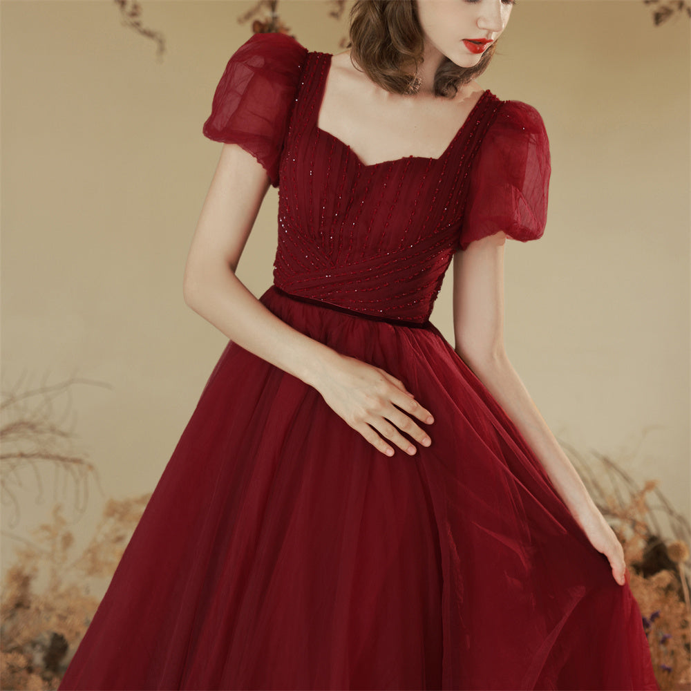 Solid Color Toast Clothing Wine Red Puff Sleeves - JOcaste