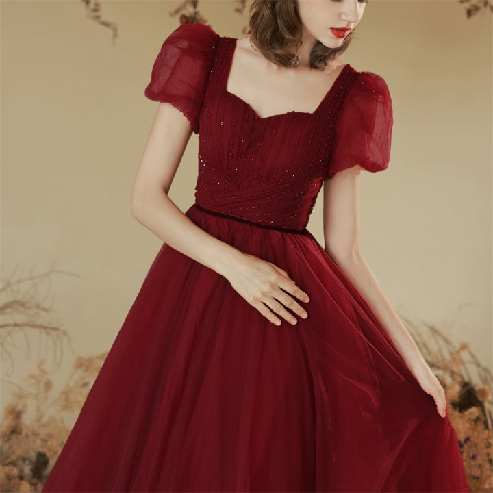 Solid Color Toast Clothing Wine Red Puff Sleeves - JOcaste