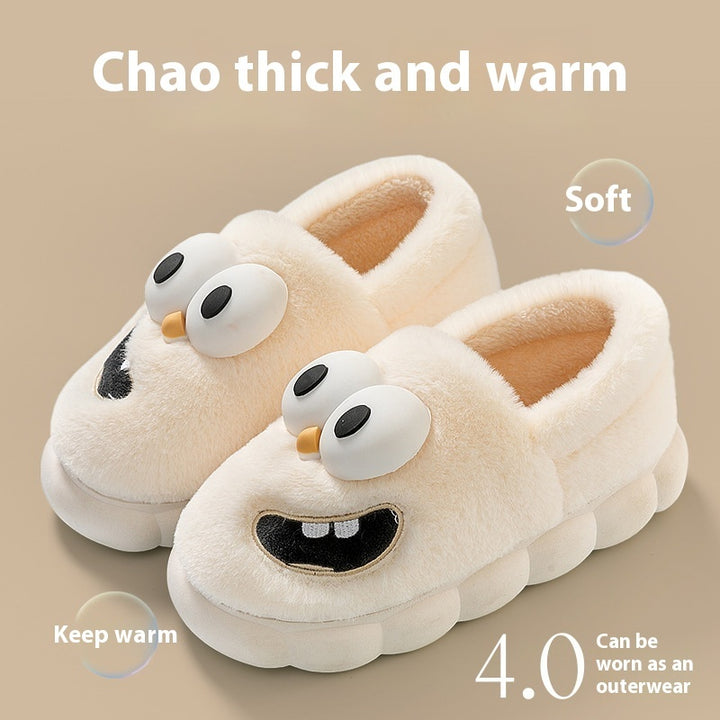 Big Eye Dog Cotton Slippers – Warm & Non-Slip Cartoon Flip Flops for Women