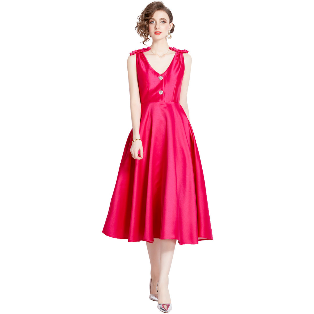 Three-dimensional Bow Diamond V Neck Tight Waist Large Hem Dress