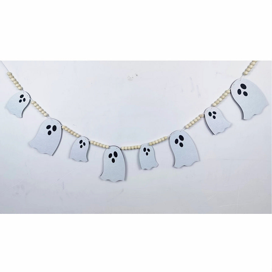 Halloween Felt Bat Ghost Skull Wooden Beads Garland Banner Party Ornaments