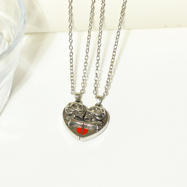 Punk Retro Skull Pendant Halloween Necklace Heart-shaped Magnetic Stitching Love Skull Couple Necklace - JOcaste