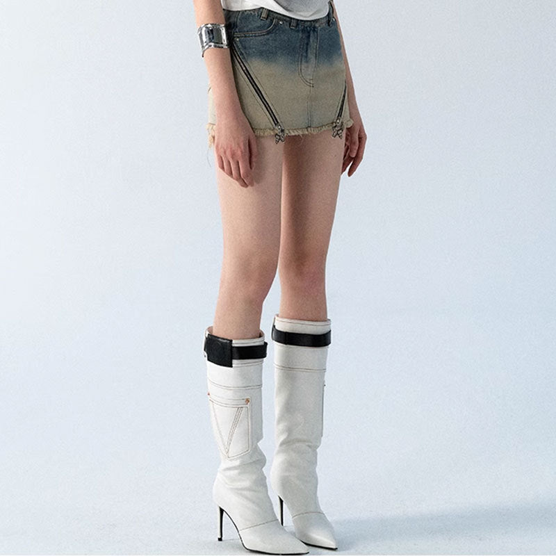 Dirty Washed Gradient Denim Short Skirt Shorts