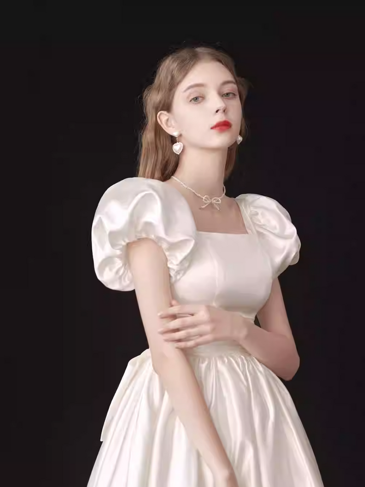 French Light Wedding Dress Satin Vintage Trip Shoot Bridal Gown Dress
