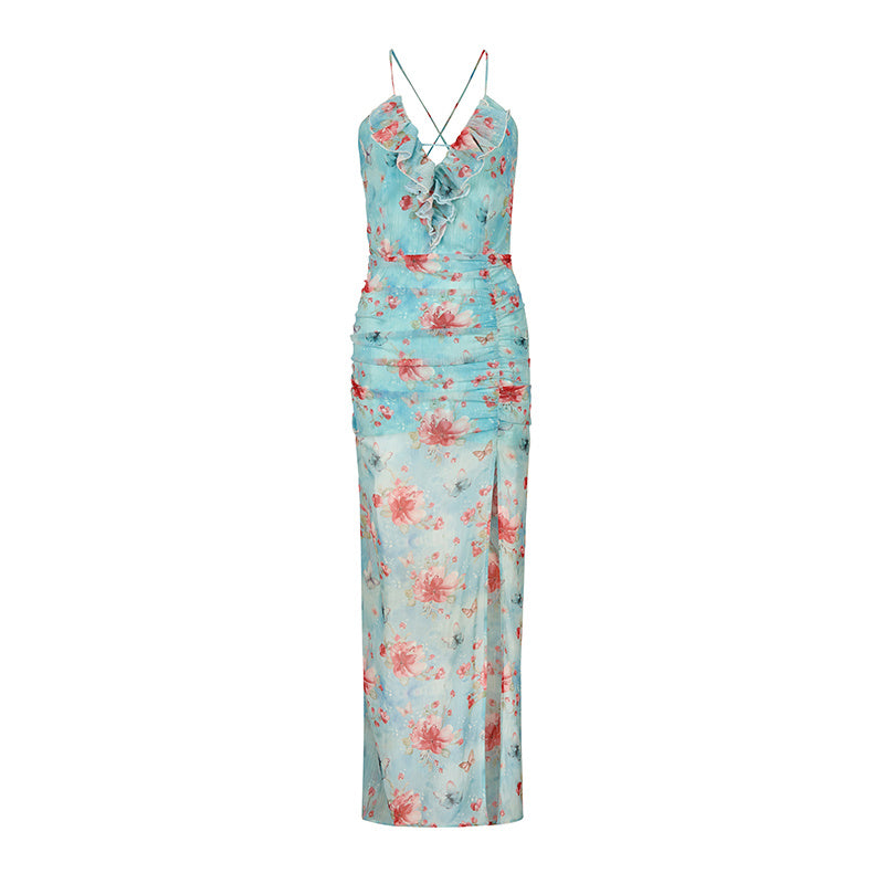 High Slit Waist-tight Floral Dress