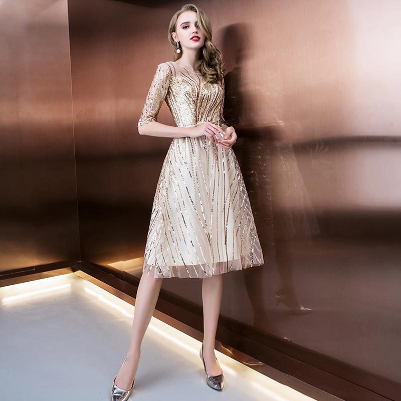 Elegant Short Mid-sleeve Sequin Evening Dress - JOcaste