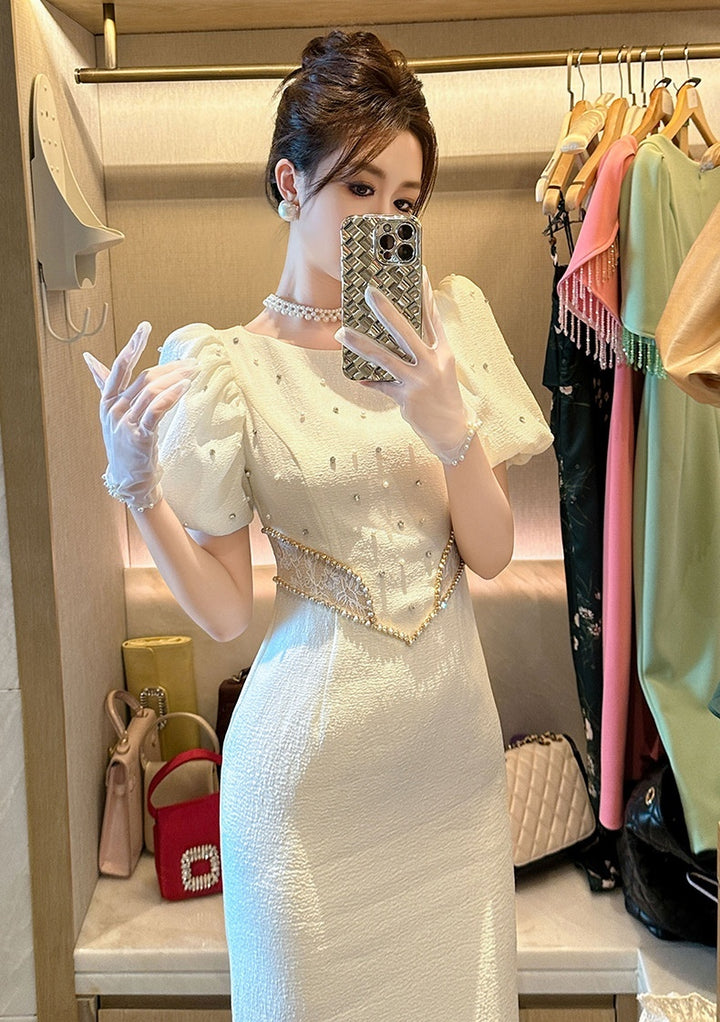 Round Neck Puff Sleeve Slim Fit Dress Women