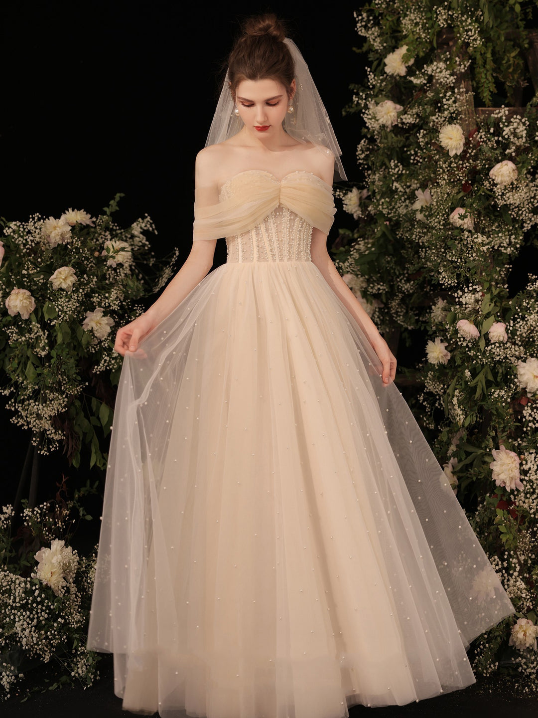 Wedding Dress Women's Off-shoulder Pearl Long Gauzy Skirt
