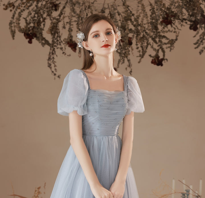 Women's Mid-length Gray Blue Puff Sleeve Dress Skirt