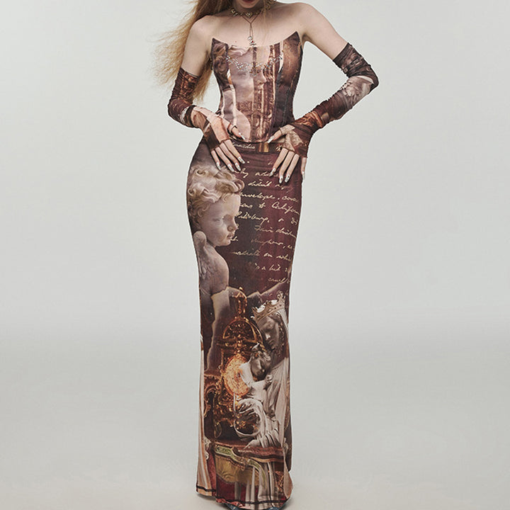 Ladies Design Printed Hip Cover Slim One Step Long Dress - JOcaste
