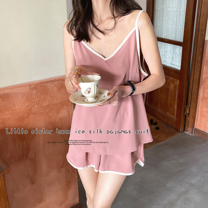 French Style Women's Summer Padded Strap Vest Shorts Pajamas