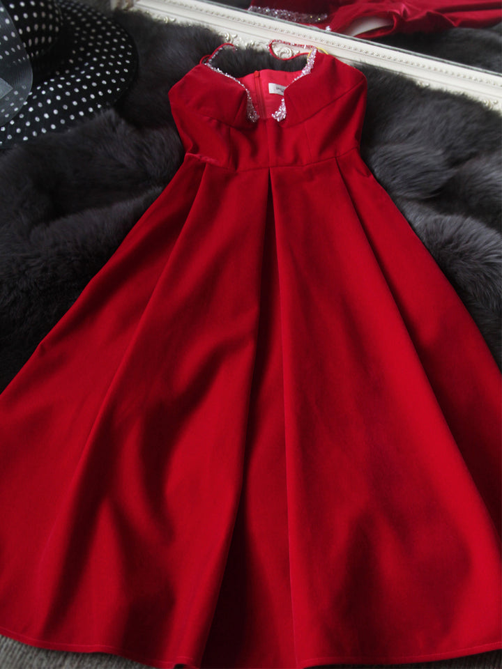 Deep V Neckline Suspender Sexy Backless Sleeveless Velvet Crimson Princess Dress - JOcaste