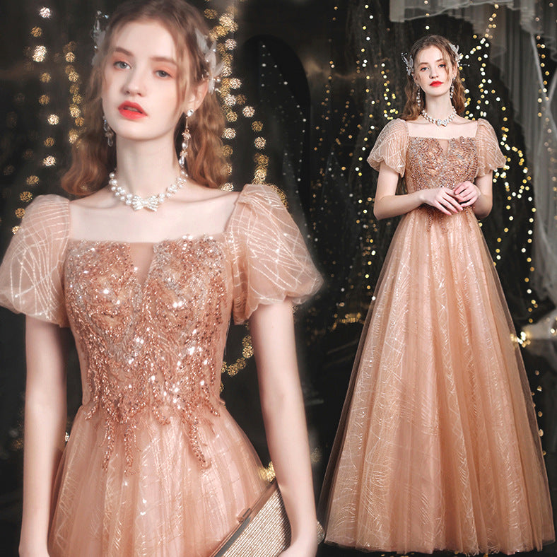 Golden Puff Sleeve Dress For Women's Banquet - JOcaste
