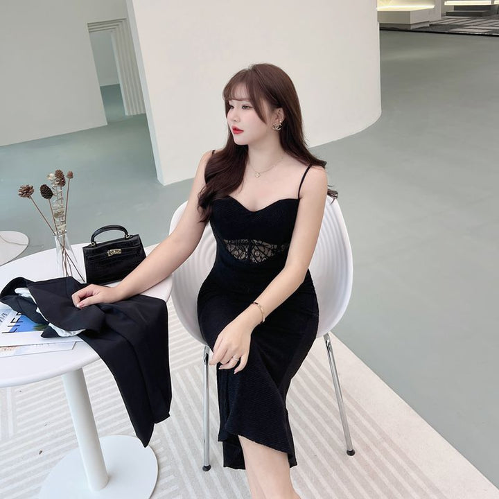 French Manor Lace Fishbone Sling Mini Black Dress