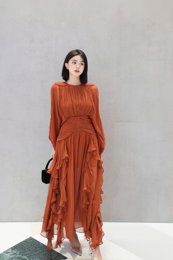 Ladies Long Sleeve Pleated Backless Mock Neck Versatile Dress