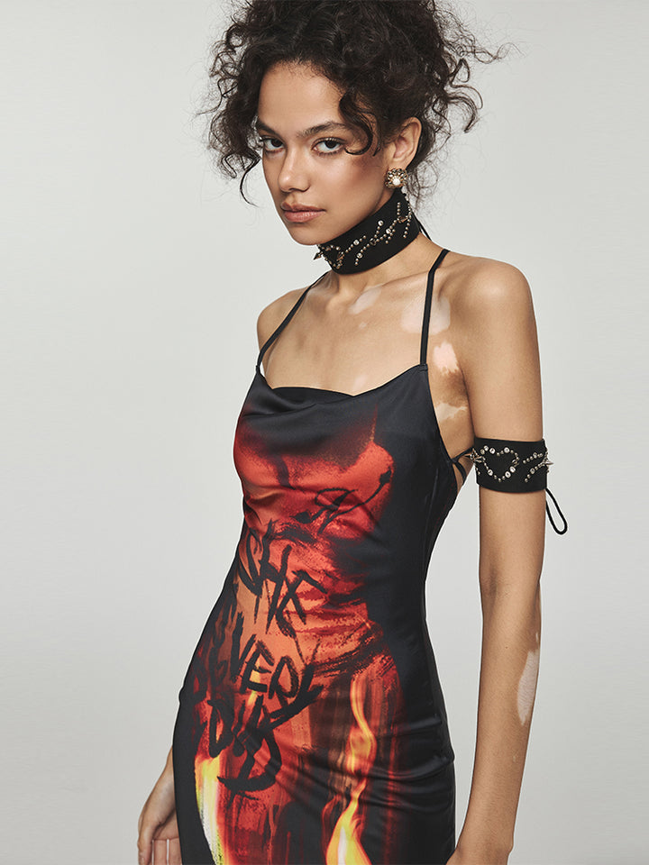 Ladies Flame Printed Backless Halter Neck Long Dress - JOcaste