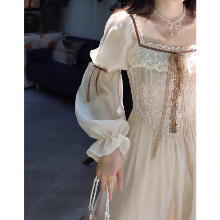 French Retro Long Dress Court Style Square Collar