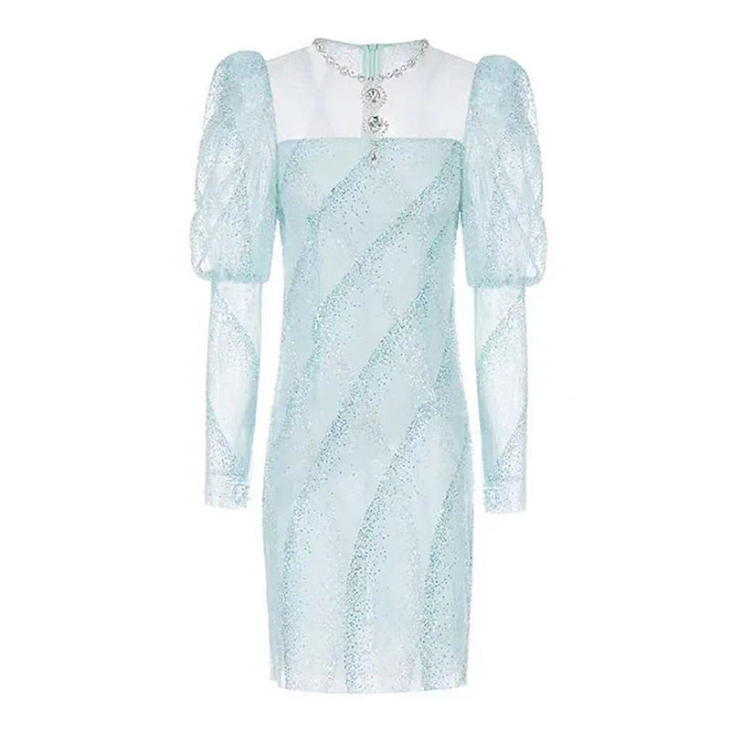 Rhinestone Embellished Dress Fairy Bright Bead Puff Sleeve Jumpsuit Short Skirt - JOcaste